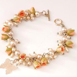Peach Flower & Pearl Bracelet 7.5" Silver Filigree Butterfly Artisan Made in USA